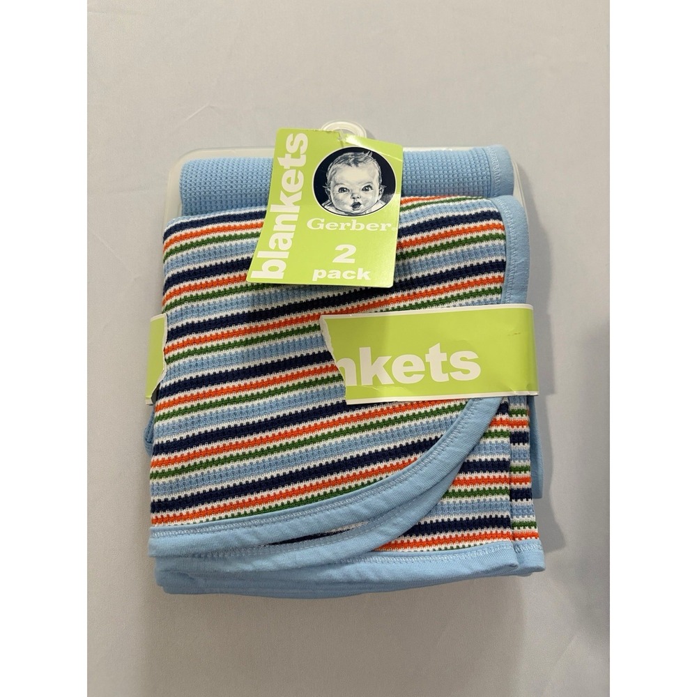New 2 Pack Gerber Thermal Waffle Weave Receiving Blankets Blue Striped NOS 30x30